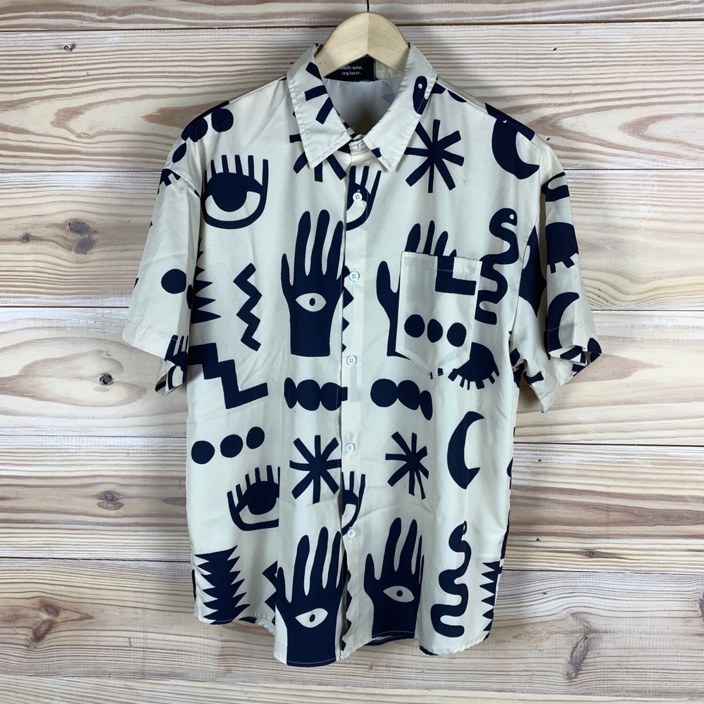 Supermade Button Up Shirt Mens Medium‎ Cream Graphic Short Sleeve Mystical Artsy